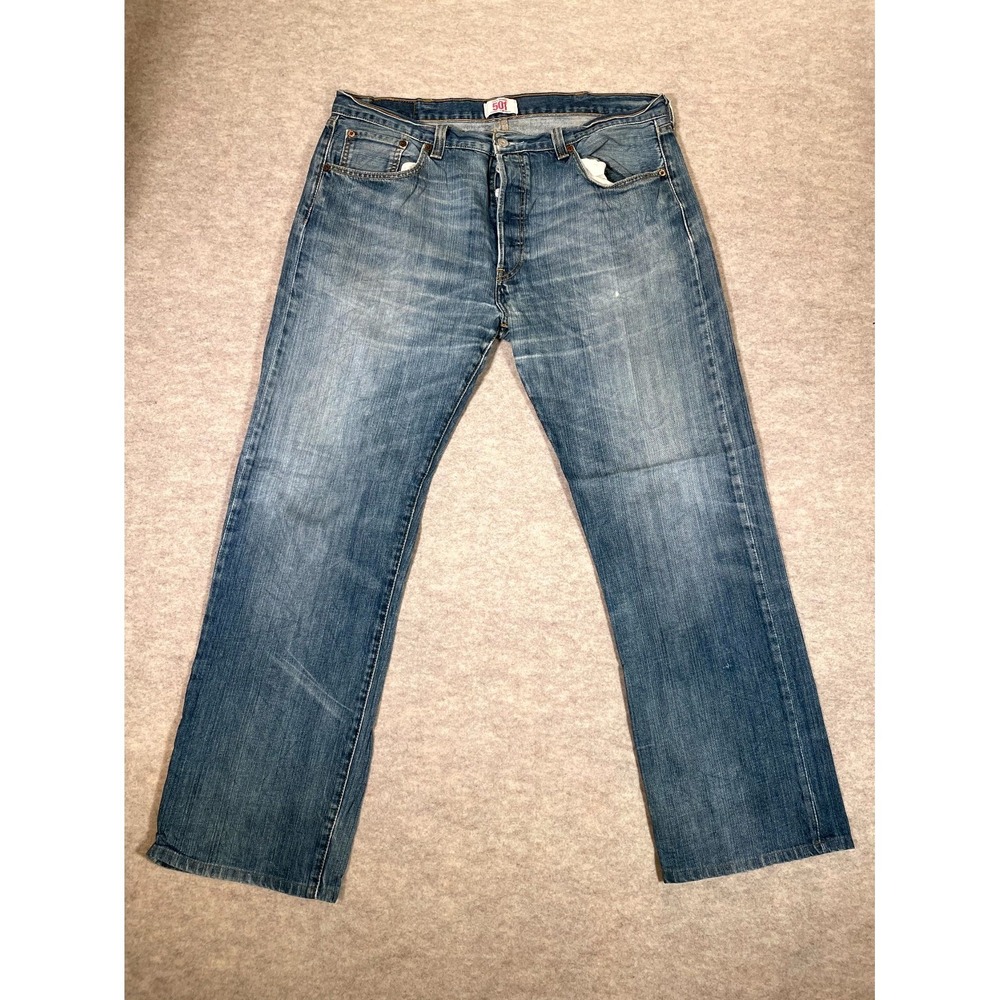 Levis 501 Straight Leg Jeans Mens 38x34 Blue Whiskering Denim Cotton Button Fly
